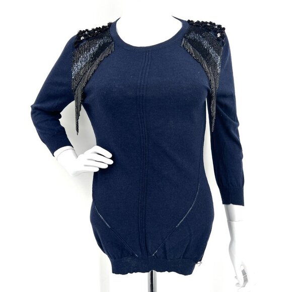 AnnaRita N Knit Couture Blue Pullover Sweater with Beaded Shoulders Chain Fringe - Picture 2 of 9